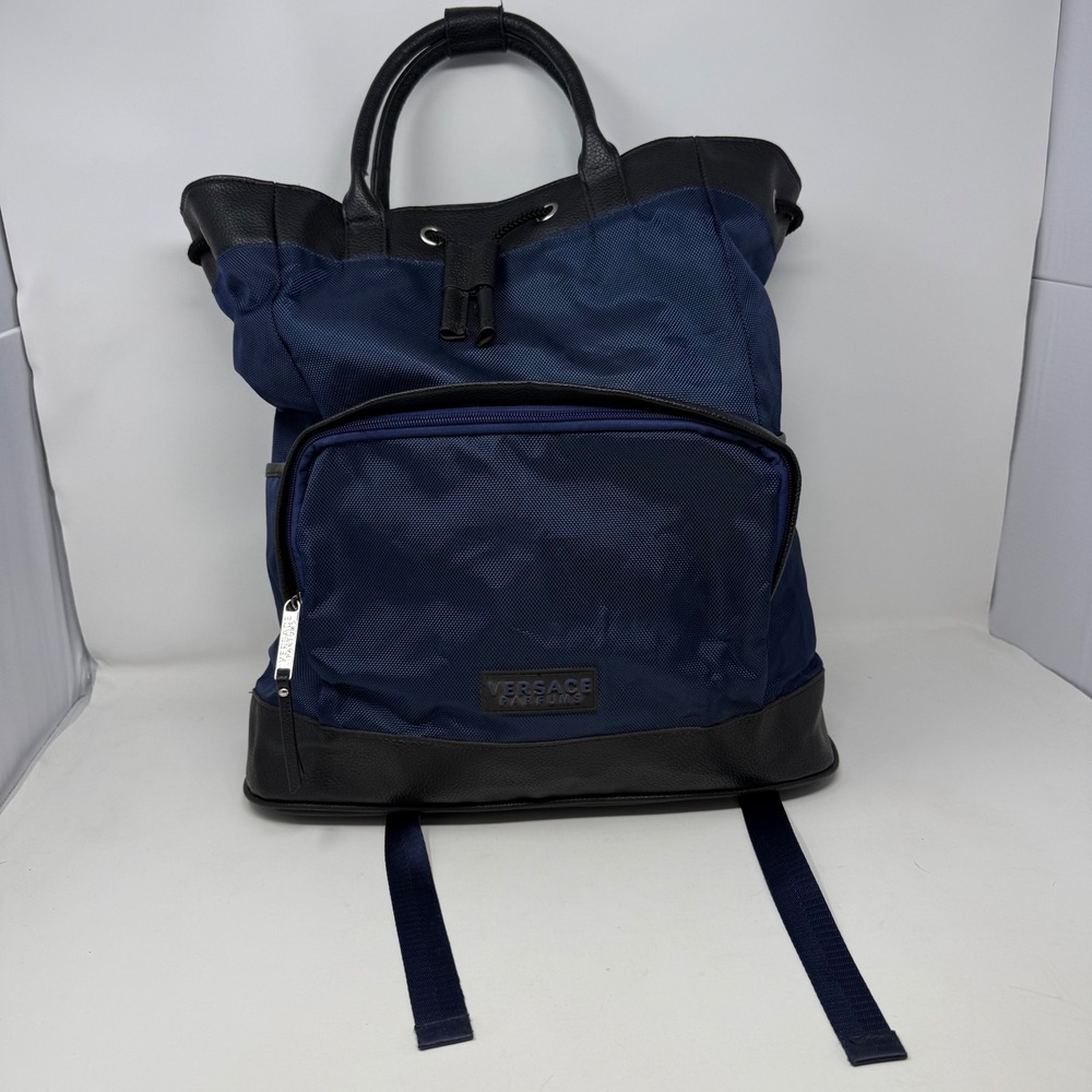 Versace Parfums Navy Blue Nylon Backpack Tote Bag Greca Straps Black Trim